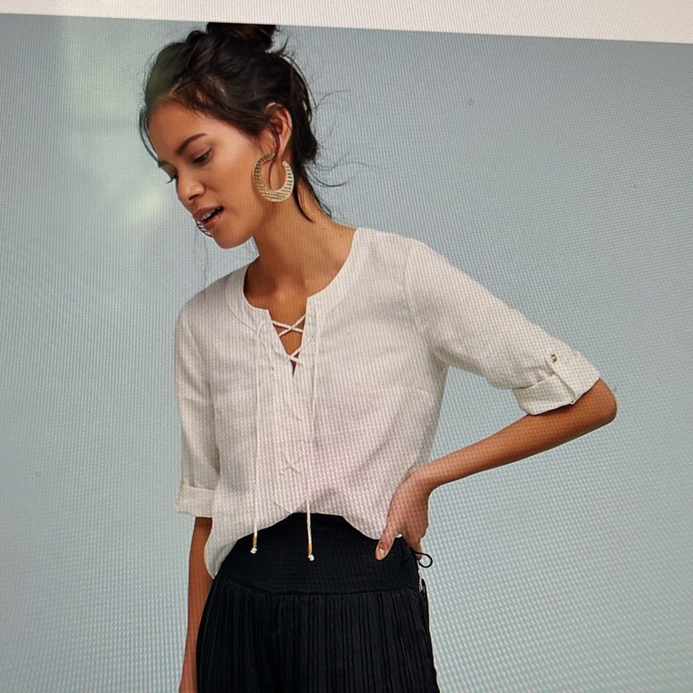 Maeve Anthropologie size 6 ‘Marva’ 100% Linen, Lace Up Front, Roll/Tab Sleeve